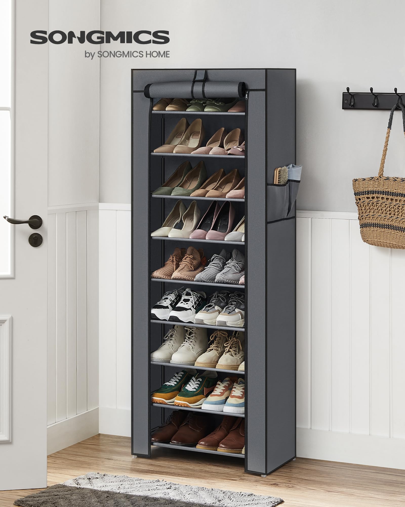 SONGMICS 10-Tier Shoe Rack, Shoe Storage Organizer Cabinet with Dustproof Cover, Free-Standing, for Closet, Entryway, Hold 27-35 Pairs, for Sneakers, High Heels, Gray URXJ10G01 SONGMICS