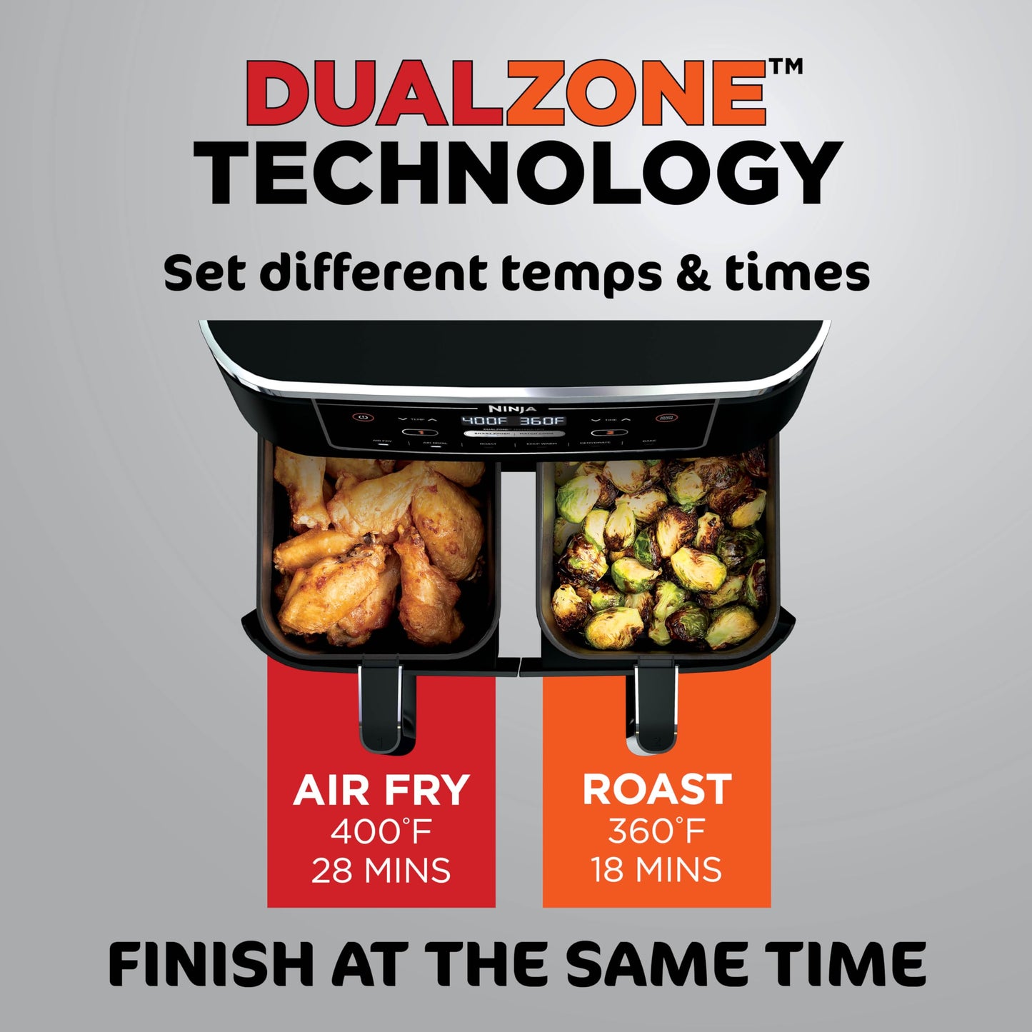 Ninja Foodi 10-qt. 6-in-1 DualZone XL Air Fryer, 2 Independent Baskets, Match Cook & Smart Finish to Air Fry, Air Broil, Roast, Bake, Dehydrate, & Keep Warm, Black, DZ302C (Canadian Version)