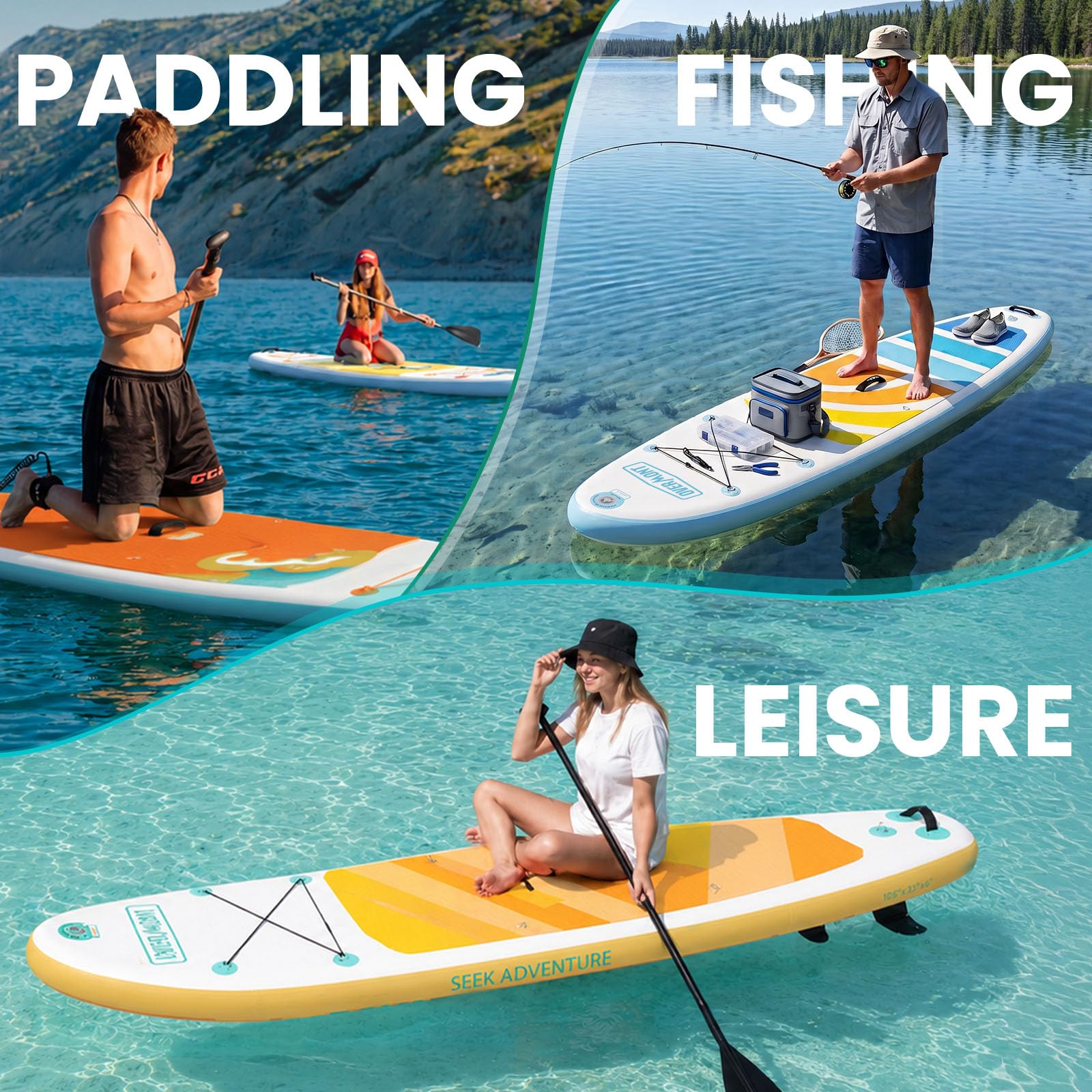 Overmont Inflatable Paddle Board 10'7" x 33" x 6", Extra Wide SUP for Adults & Beginners, 350 lb Stand Up Paddle Board with Adjustable Paddle, Pump, 3 Fins, Leash, Backpack & Repair Kit OVERMONT