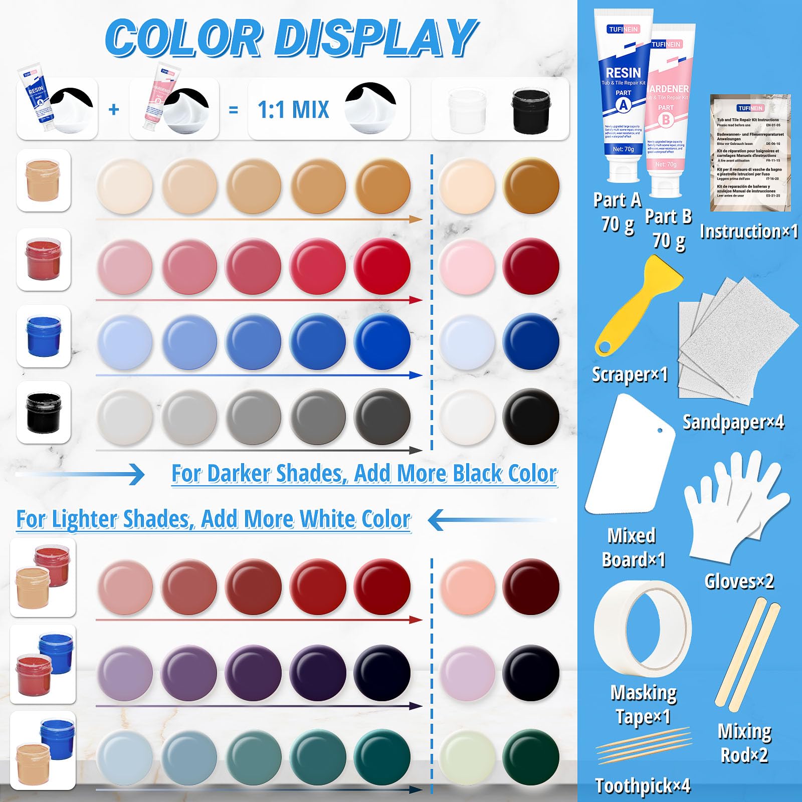 Bathtub Repair Kit 140g (Color Match), TUFINEIN Porcelain Repair Kit for Fiberglass, Enamel, Ceramic, Acrylic Repair and Fix Chips, Cracks, Scratches, Holes on Tub/Tile/Sink/Shower Tray/Shower - Available at All In One Marketplace Canada