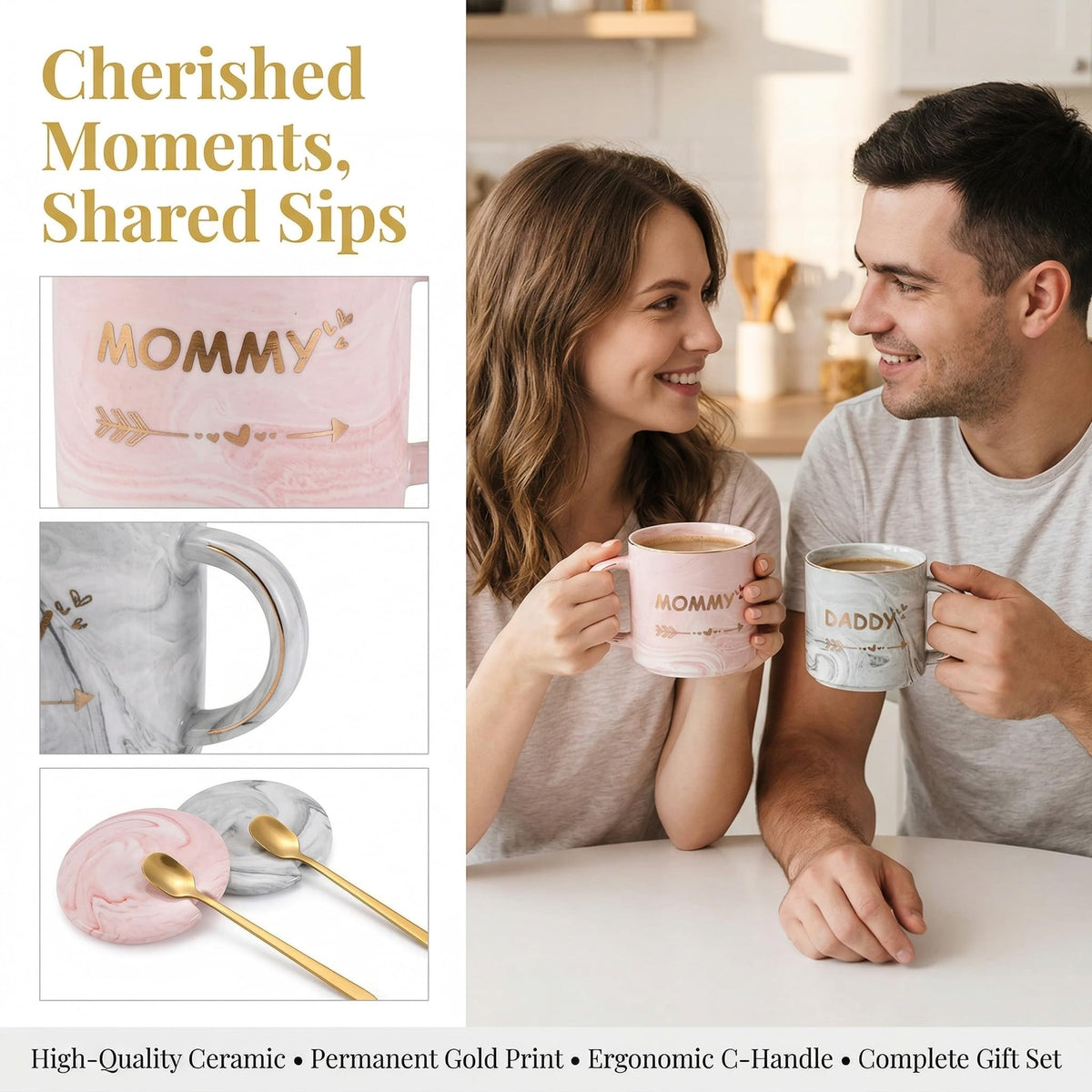 WUWEOT 2 Pack Dad and Mom Coffee Mug Set for Parents to be, New Mom and First Time Pregnancy Gifts for Christmas, Marble Ceramic Coffee Cup Set with Gift Box, Lid, Spoon (10OZ) 🍁 All In One Marketplace Canada
