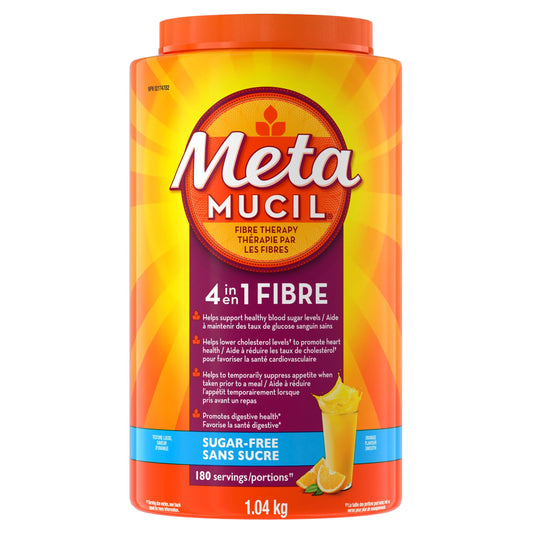 Metamucil, Daily Psyllium Husk Powder Supplement, Sugar-Free, 4-in-1 Fibre for Digestive Health, Orange Smooth Flavored Drink, 180 Servings