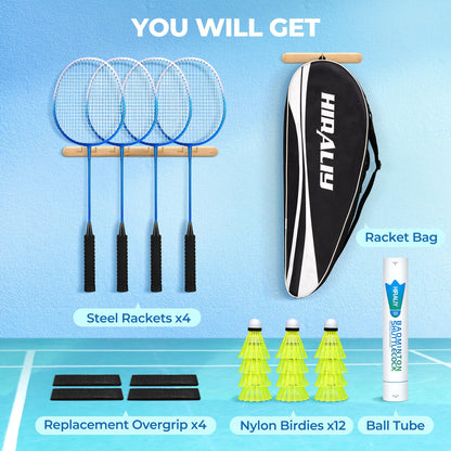 HIRALIY Badminton Rackets for Outdoor Backyard Games, Lightweight Badminton Set of 4 for Kids & Adults & Beginners, Including 4 Rackets, 12 Nylon Shuttlecocks, 4 Replacement Grip Tapes, 1 Carrying Bag - Available at All In One Marketplace Canada