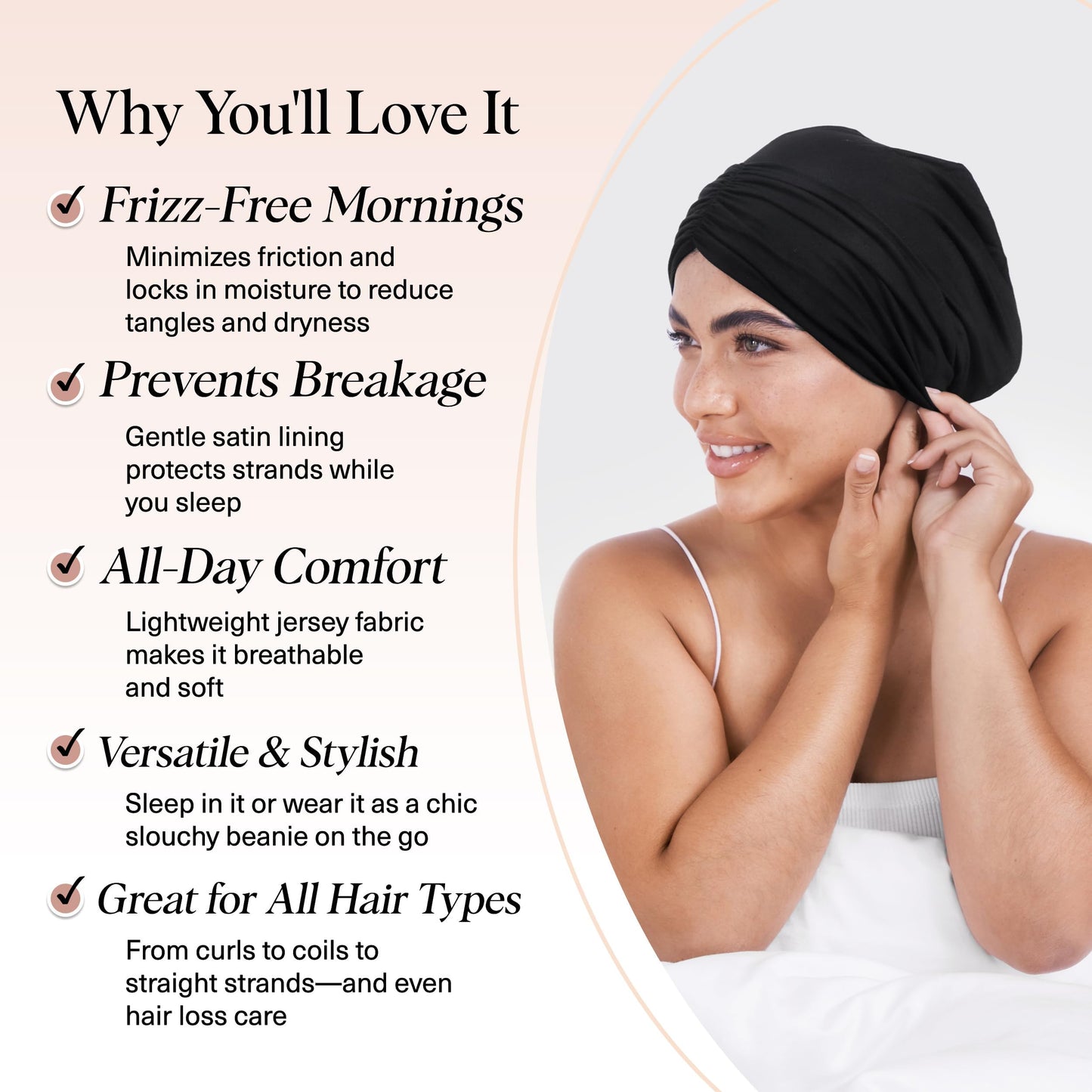Kitsch Satin Lined Beanie - Softer Than Silk Beanie for Sleeping Women, Breathable Hair Cover for Sleeping, Slouchy Beanies, Bonnets for Women, Hair Wrap, Reduce Breakage for Frizz-Free Hairs - Black - Available at All In One Marketplace Canada