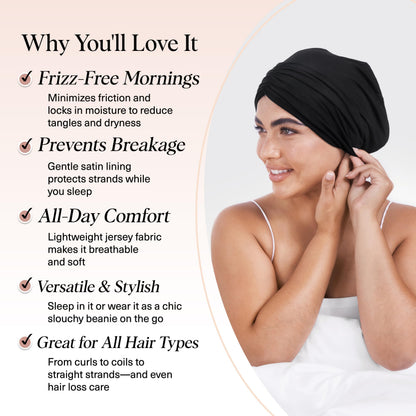 Kitsch Satin Lined Beanie - Softer Than Silk Beanie for Sleeping Women, Breathable Hair Cover for Sleeping, Slouchy Beanies, Bonnets for Women, Hair Wrap, Reduce Breakage for Frizz-Free Hairs - Black - Available at All In One Marketplace Canada
