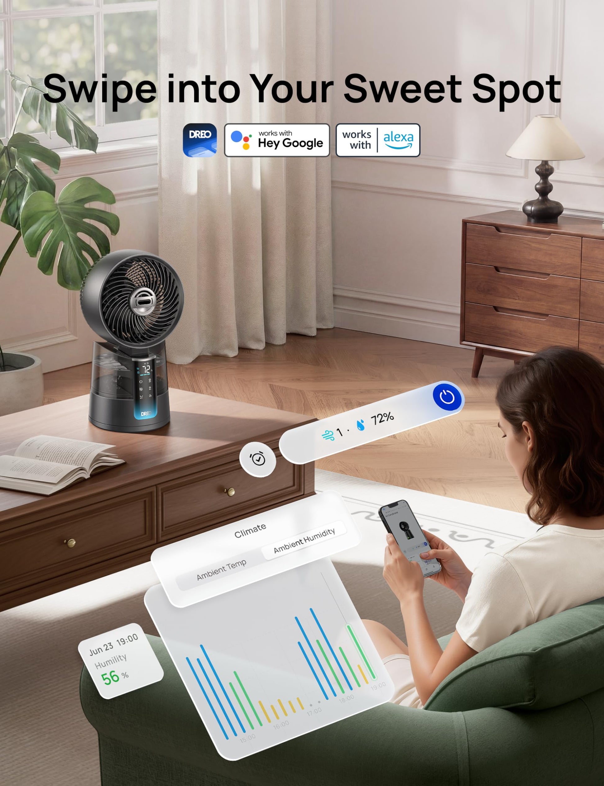 DREO TurboCool Misting Fan 516S, 150°+30°Omni-directional Oscillating Cooling Desk Fans that Blow Cold Air, 26 ft/s,Evaporative Air Cooler, 20dB, 6 Speeds 2 Modes, Remote & APP, RGB, Indoor, Grey - Available at All In One Marketplace Canada