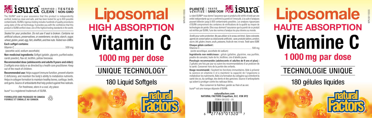 Natural Factors Liposomal Vitamin C, HIGH ABSORPTION, 180 Liquid Softgels, 1000 mg per Serving (2 Softgels), Immune Support, Antioxidants, Proudly Canadian - Available at All In One Marketplace Canada