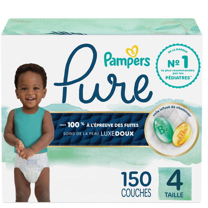 Pampers Pure Baby Diapers, Size 4 (22-37 lbs), 150, Up to 100% Leakproof, Premium Hypoallergenic Soft Diapers