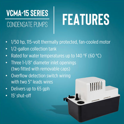 Little Giant VCMA-15ULST 115 Volt, 65 GPH, 1/50 HP Automatic Condensate Removal Pump for HVAC/Refrigeration Systems/Dehumidifiers with Overflow Detection Switch and 20-Foot Tubing, Black/White, 554415 🍁 All In One Marketplace Canada