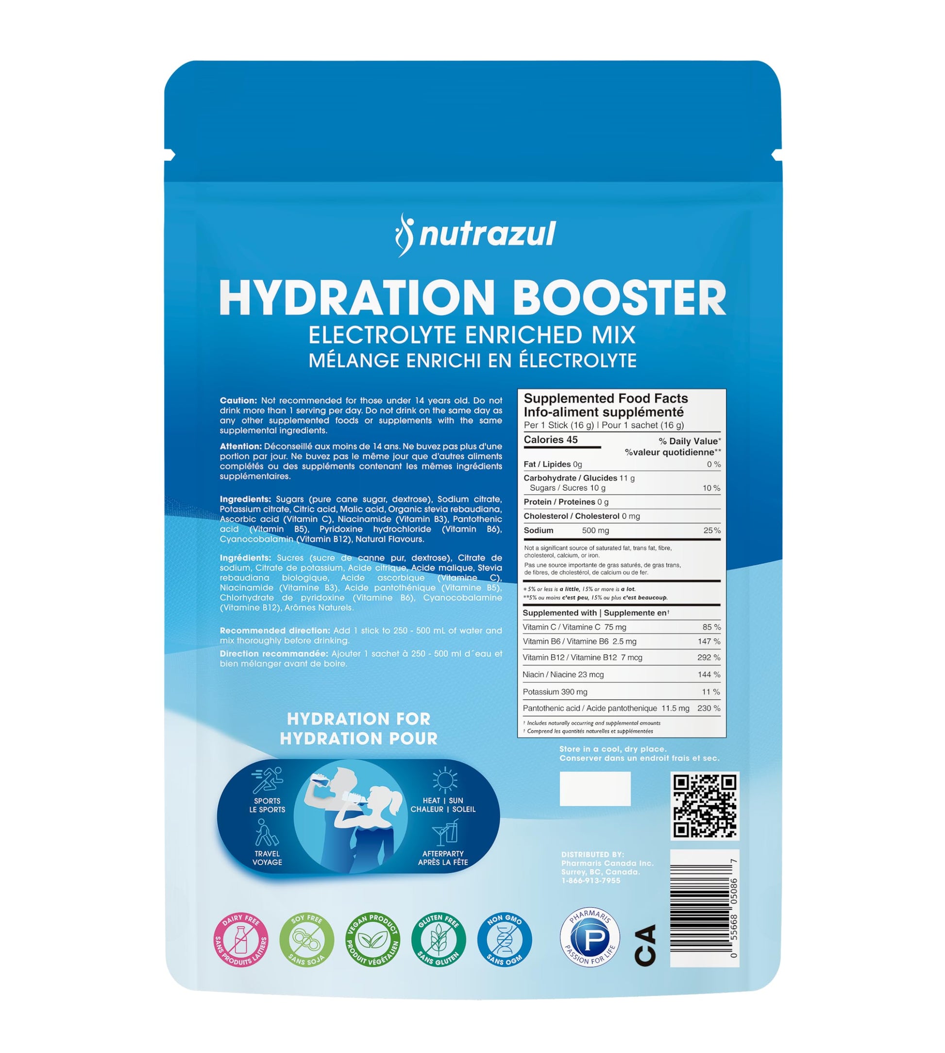 Nutrazul Hydration Booster, Electrolytes Powder Sticks with Sodium, Potassium, Vitamin B6 & B12, No Artificial Sweeteners, Acai Berry, Lemon Lime, Passion Fruit Flavour, 30 Sticks - Available at All In One Marketplace Canada