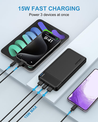 AsperX 2-Pack 15000mAh Portable Charger Power Bank 3A Fast Charging, USB C Output Portable Battery Bank External Battery Pack for iPhone 17/16/15/14/13, Galaxy, Google LG,Tablets and Heated Vest