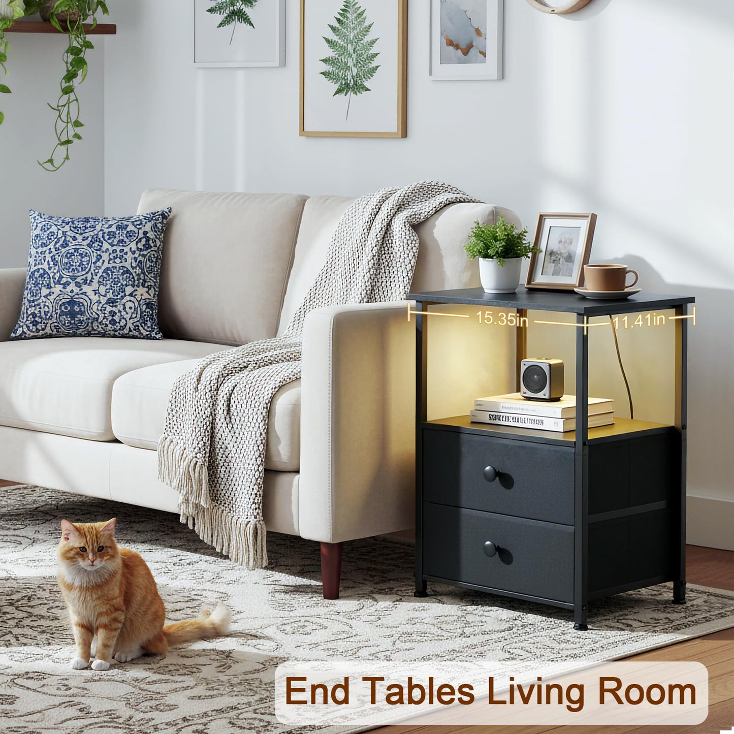 LOAKEKEL Night Stands Set 2, Bedside Table with Charging Station and LED Light, Nightstand with 2 AC Outlets and USB Ports, End Table with 2 Fabric Drawers for Bedroom, Living Room, Black, HETS02BK - Available at All In One Marketplace Canada