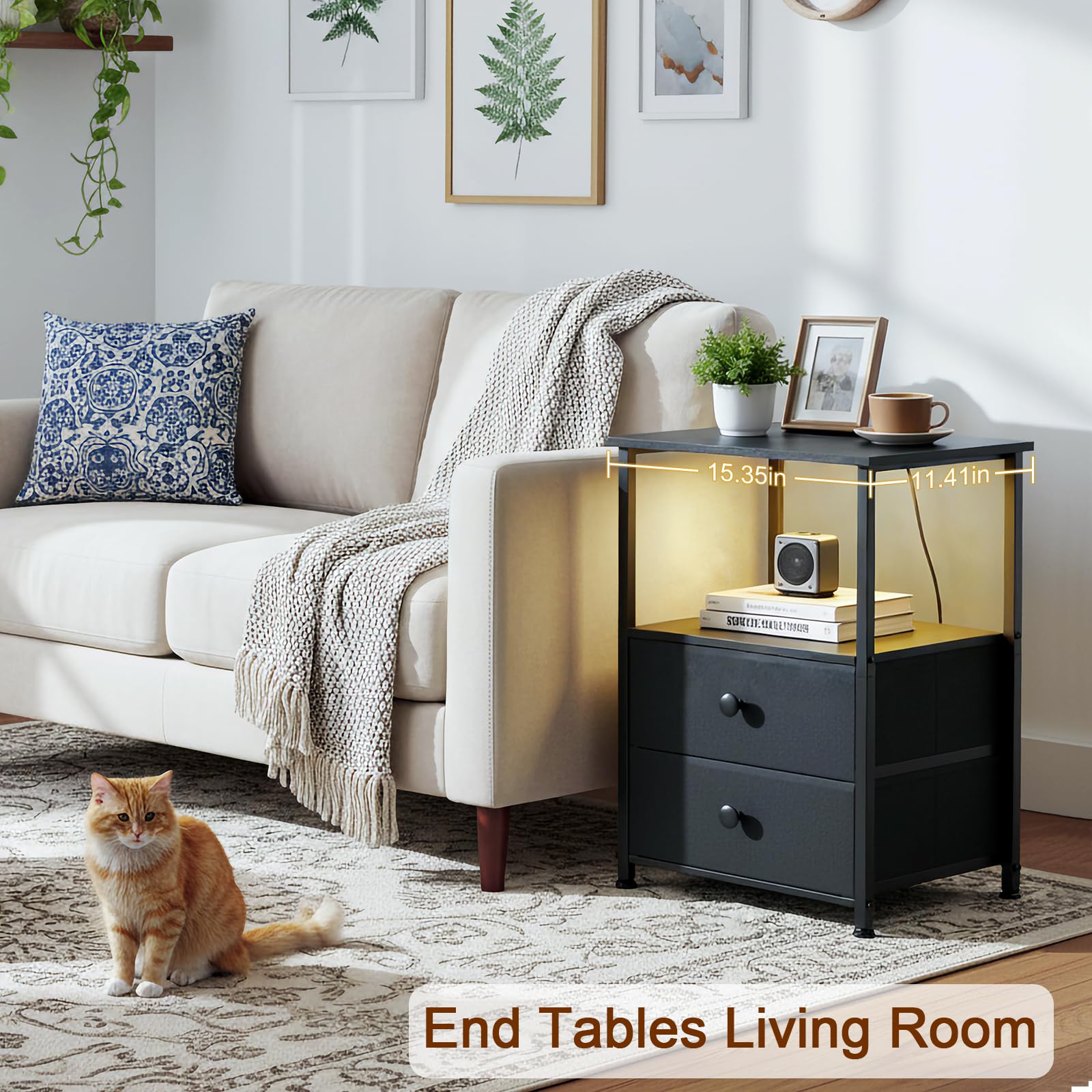 LOAKEKEL Night Stands Set 2, Bedside Table with Charging Station and LED Light, Nightstand with 2 AC Outlets and USB Ports, End Table with 2 Fabric Drawers for Bedroom, Living Room, Black, HETS02BK - Available at All In One Marketplace Canada