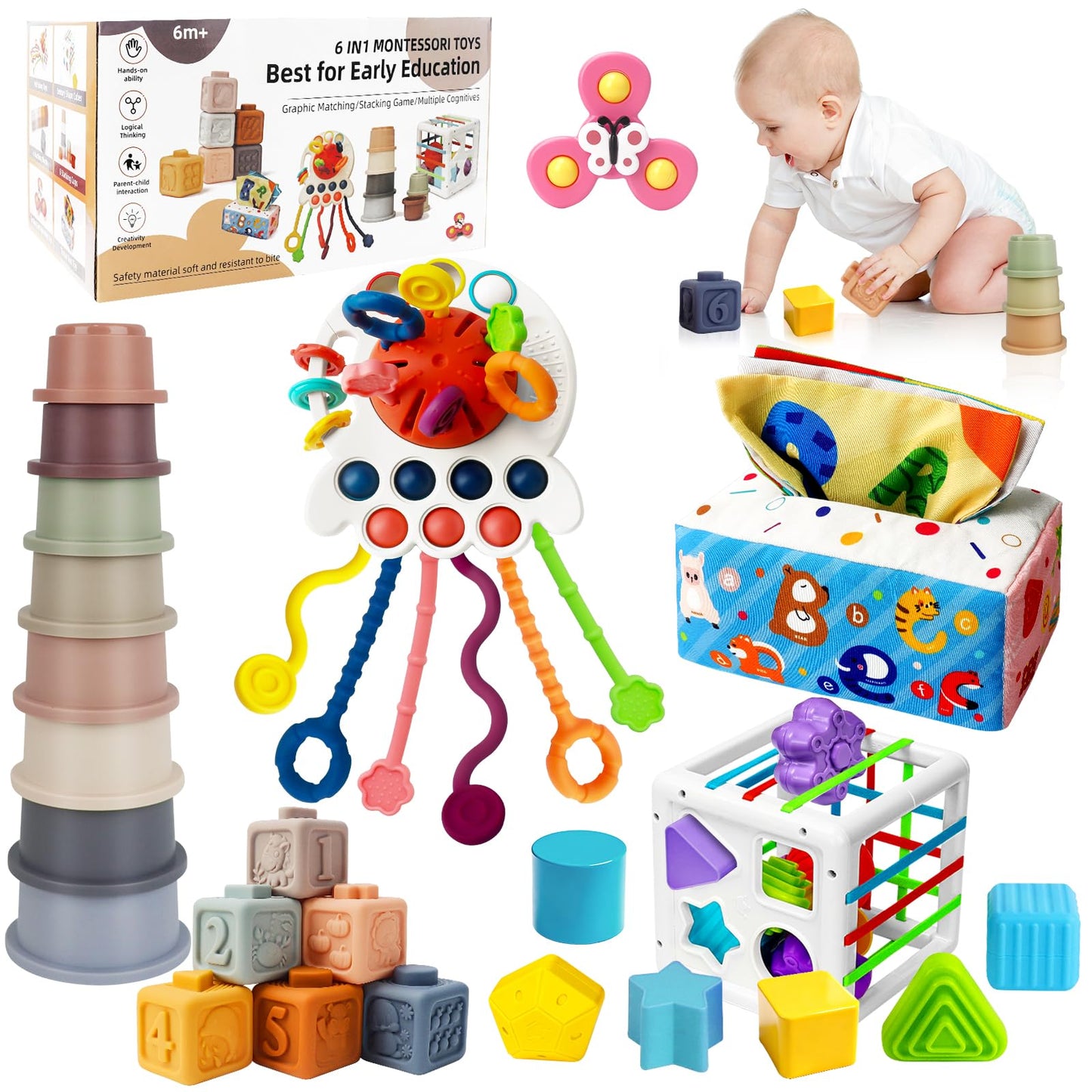 6 in 1 Baby Montessori Toys for 6-12 Months, Montessori Toys for Babies Incl Pull String Toy, Stacking Cups, Tissue Box Toy, Suction Cup Spinner Toys, Stacking Blocks, Activity Cube Gift for Boy Girl - Available at All In One Marketplace Canada