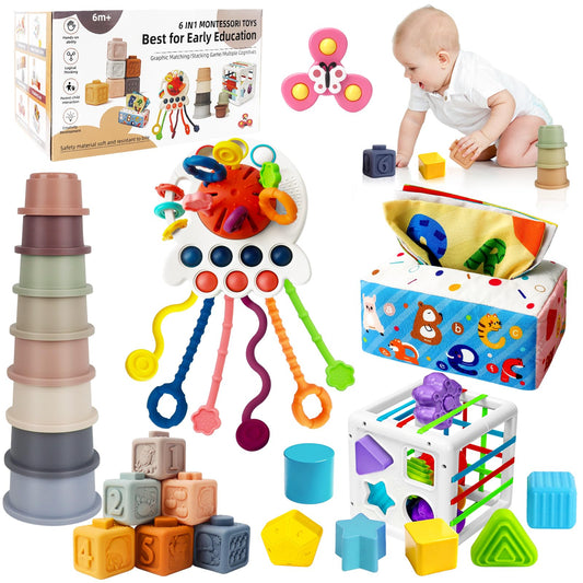 6 in 1 Baby Montessori Toys for 6-12 Months, Montessori Toys for Babies Incl Pull String Toy, Stacking Cups, Tissue Box Toy, Suction Cup Spinner Toys, Stacking Blocks, Activity Cube Gift for Boy Girl - Available at All In One Marketplace Canada