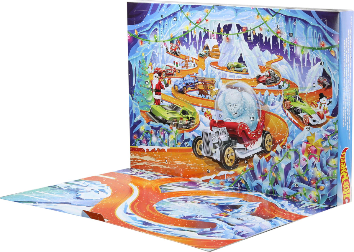 Hot Wheels Toy Cars & Playset, 2026 Advent Calendar with 10 Vehicles in 1:64 Scale, 14 Winter-Themed Accessories & 10 Ornament Clips