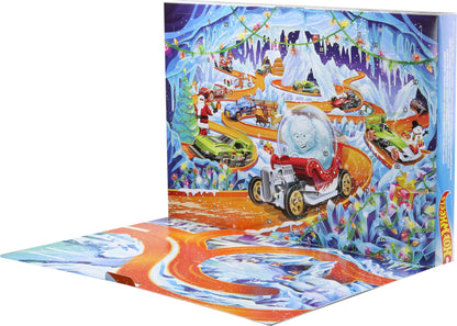 Hot Wheels Toy Cars & Playset, 2026 Advent Calendar with 10 Vehicles in 1:64 Scale, 14 Winter-Themed Accessories & 10 Ornament Clips