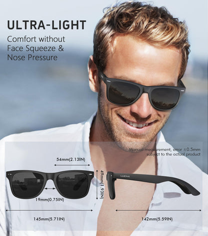 LUENX Polarized Sunglasses for Men Women UV400 Protection Non-mirrored Black Lens Matte Black Square Frame 54MM