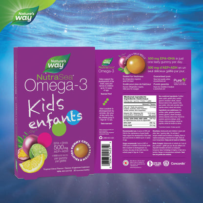 Nature's Way NutraSea Omega 3 Kids Gummy Chews Supplement with Fish Oil – Tropical Citrus Flavour – Brain, Bone & Immune Support for Kids Ages 3+ – 500mg EPA & DHA + 500IU Vitamin D3, 30 Gummies - Available at All In One Marketplace Canada