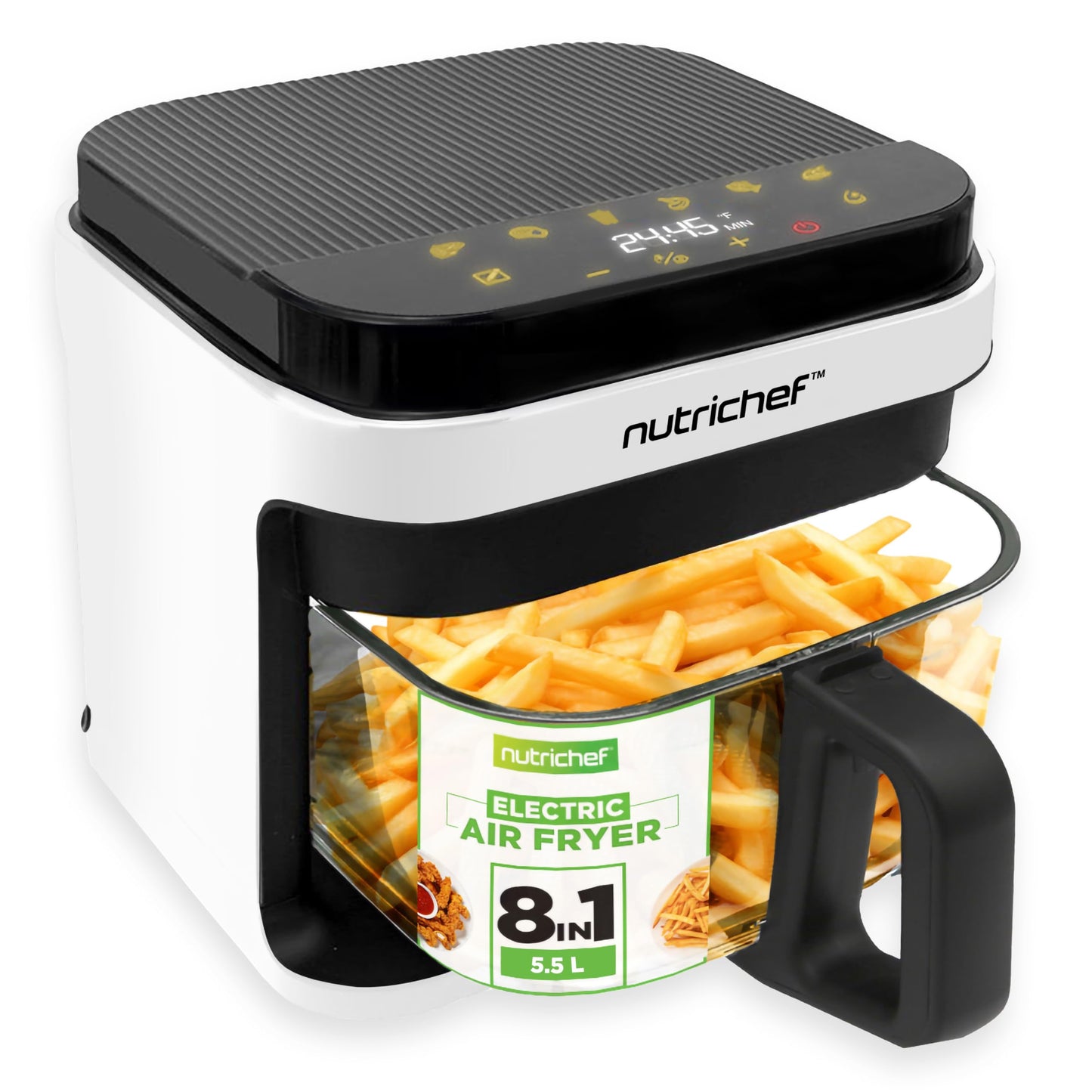 Nutrichef 5.8 Quart Air Fryer | 8-1 Preset Cook Modes | Transparent Fry Bowl for Best Cooking Results | Cook Shrimp, Steak, Fries, Wings, Chicken & More | Precise Temperature Control & Time | White NutriChef