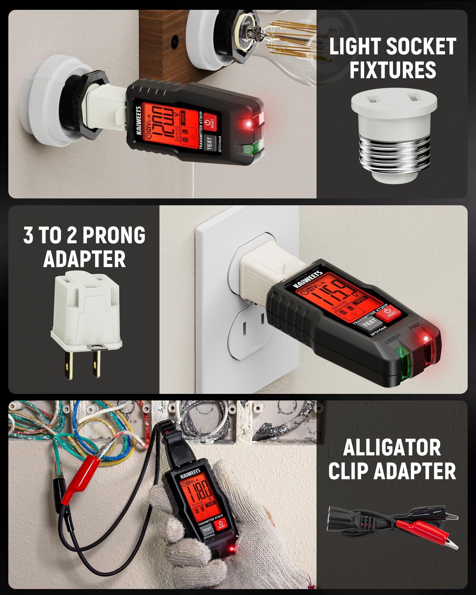 KAIWEETS Circuit Breaker Finder with LCD Display, GFCI Outlet Tester, Electrical Circuit Tracer Tool with NCV Test & Flashlight, Includes Carrying Case and Adapters- KT301P - Available at All In One Marketplace Canada