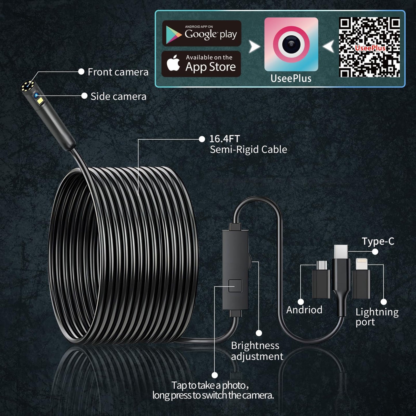 Dual Lens Endoscope Camera with Light, DPduct 1920P HD Borescope Inspection with 8+1 Lights, 7.9mm IP67 Waterproof 16.4ft Semi-Rigid Cable Snake Camera for Android and iOS,iPhone,iPad