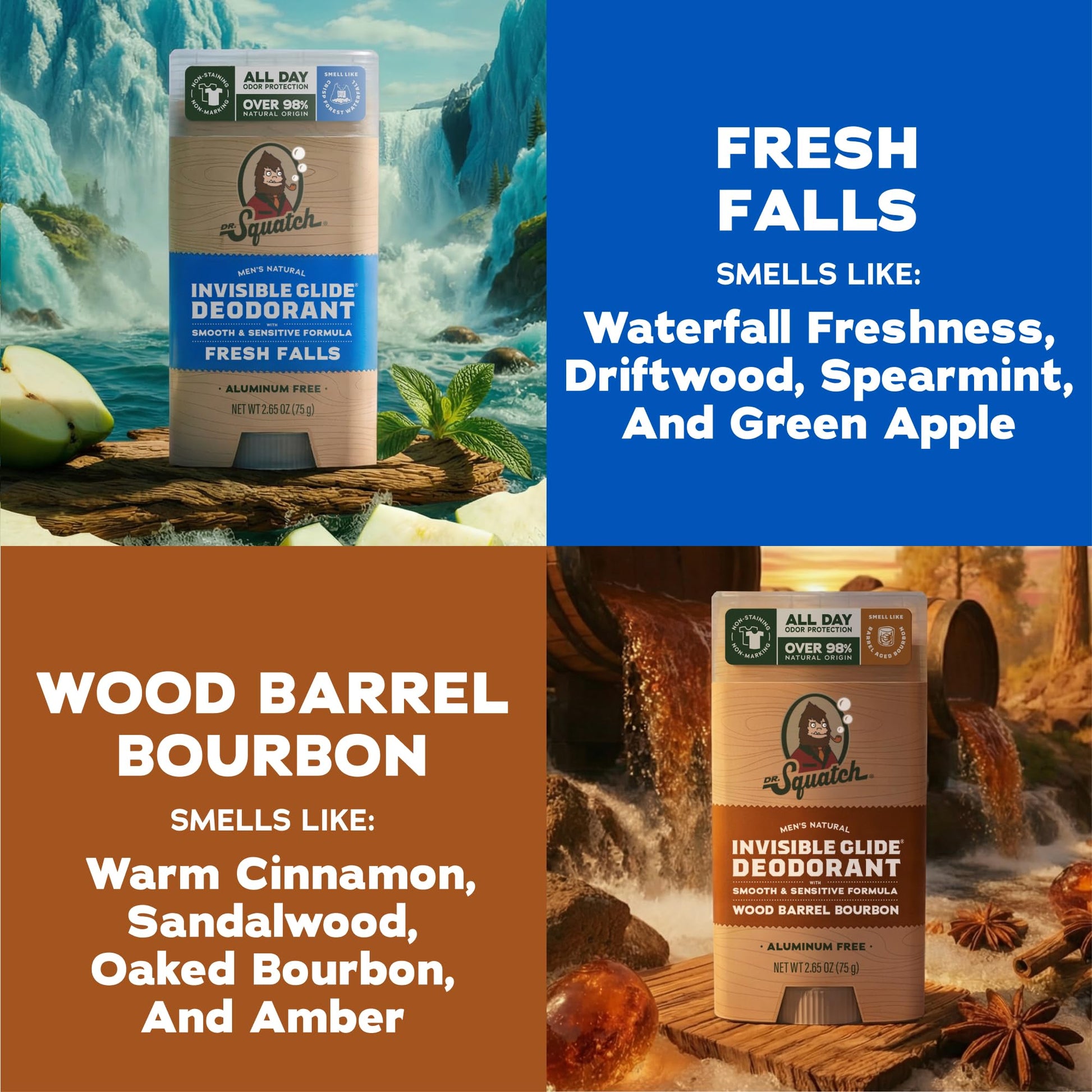 Dr. Squatch Invisible Glide Natural Deodorant – Smooth Glide with No Stains – Aluminum Free & Dermatologist-Tested Formula Suits Sensitive Skin – Fresh Falls + Wood Barrel Bourbon – 2.65oz (2-Pack) - Available at All In One Marketplace Canada