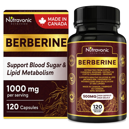 Nutravonic Berberine Supplements 1000mg Per Serving, 500mg Per Capsule | Made in Canada I Supports Healthy Glucose & Lipid Metabolism | Non-GMO, Vegan, Gluten-free, 120 Easy-to-Swallow Capsules - Available at All In One Marketplace Canada