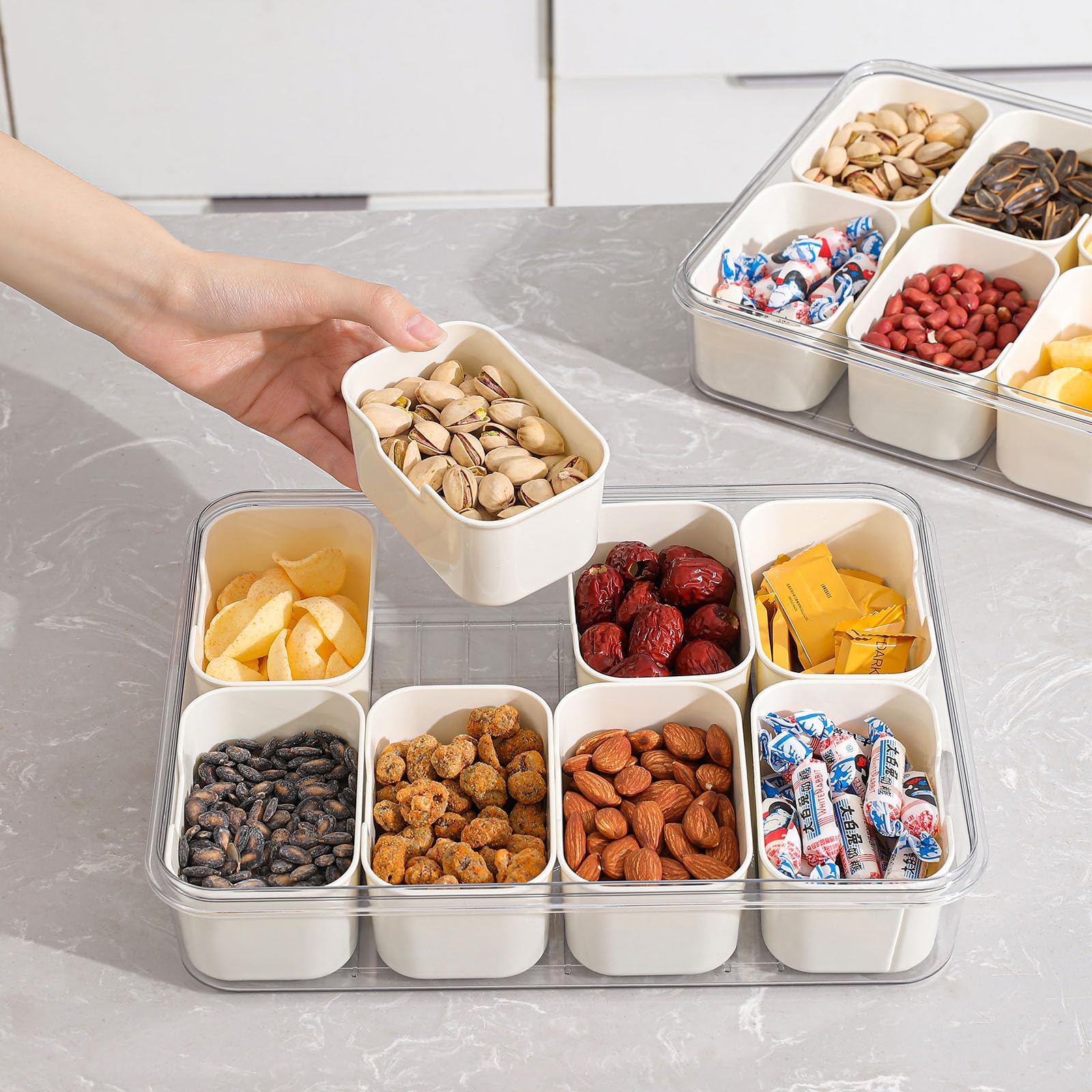 Snackle Box Container with Lid & Handle, Airtight Divided Snack Organizer, Portable Charcuterie Board for Travel, Road Trips, Picnic, Fruits, Veggies, Candy & Nuts, 2 Pack