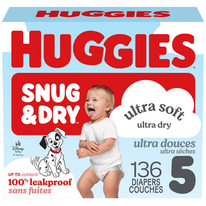 Huggies Size 5 Diapers, Snug & Dry Baby Diapers, Size 5 (25-37 lb.), 136 Count, Packaging May Vary