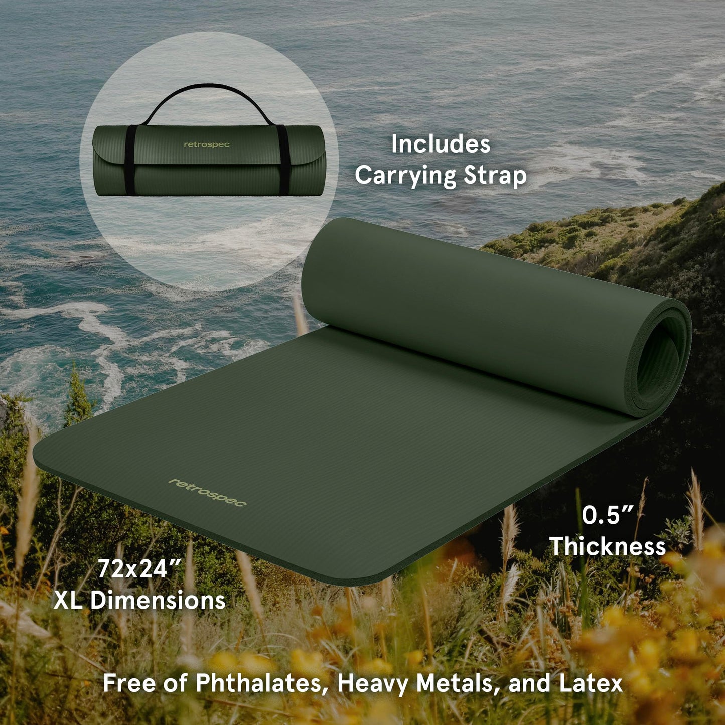 Retrospec Solana Yoga Mat 1/2" Thick w/Nylon Strap for Men & Women - Non Slip Excercise Mat for Yoga, Pilates, Stretching, Floor & Fitness Workouts, Wild Spruce
