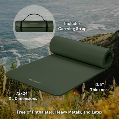 Retrospec Solana Yoga Mat 1/2" Thick w/Nylon Strap for Men & Women - Non Slip Excercise Mat for Yoga, Pilates, Stretching, Floor & Fitness Workouts, Wild Spruce