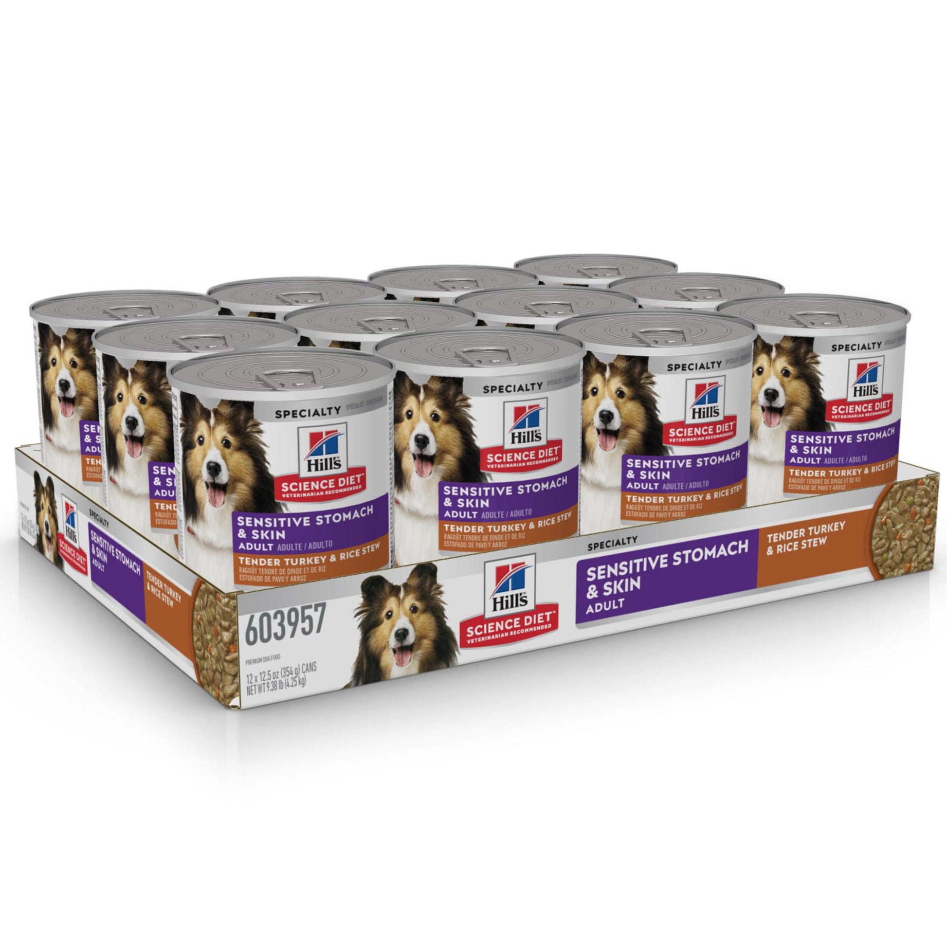 Hill's Science Diet Sensitive Stomach & Skin, Adult 1-6, Stomach Sensitivity Support, Wet Dog Food, Turkey & Rice Stew, 12.5 oz Can, Case of 12