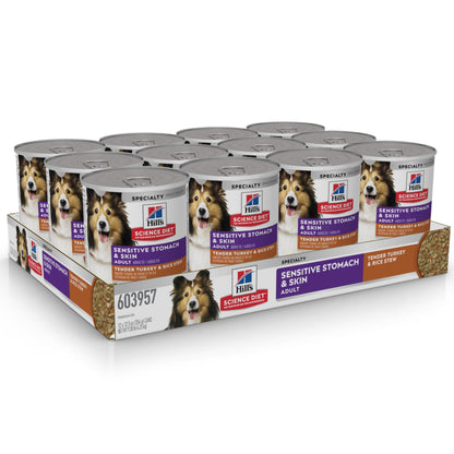 Hill's Science Diet Sensitive Stomach & Skin, Adult 1-6, Stomach Sensitivity Support, Wet Dog Food, Turkey & Rice Stew, 12.5 oz Can, Case of 12