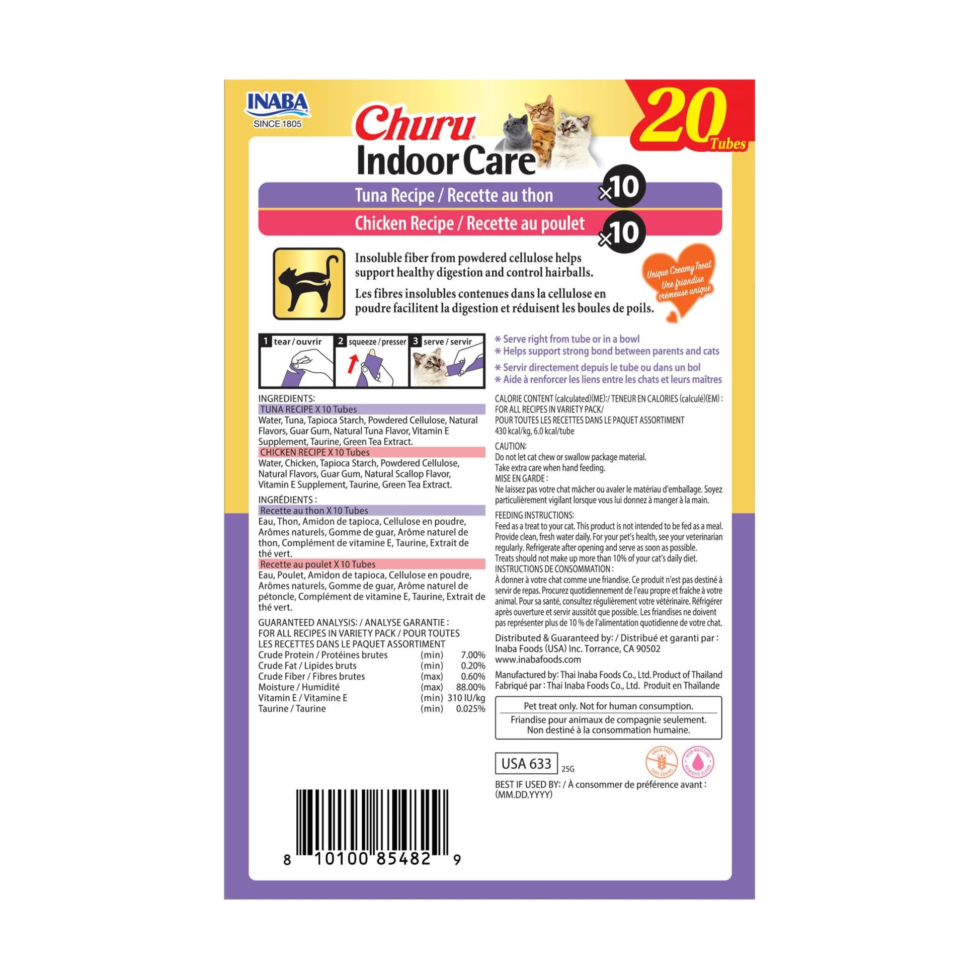 INABA Churu Indoor Care for Hairball Control, Functional Lickable Cat Treat with Taurine & Green Tea Extract, 14 Grams Each, 20 Tubes Total, Tuna & Chicken Variety