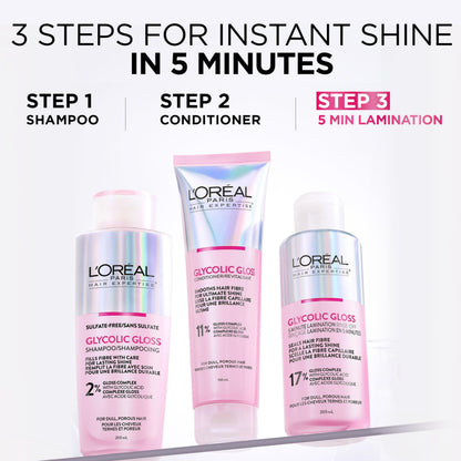 L'Oréal Paris Hair Expertise Glycolic Gloss Shine Trio Set, With Glycolic Acid For Shine and Smoothness, (3x Pieces, Shampoo, Conditioner, Treatment)