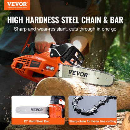 VEVOR Gas Chainsaw, 25.4CC 12" 1.2HP, Gasoline Powered Chain Saw, Handheld Cordless Petrol Chainsaws for Tree Wood Branch Cutting, Tree Trimming, Land Clearing, Farm Garden Ranch Forest Cutting Use 🍁 All In One Marketplace Canada