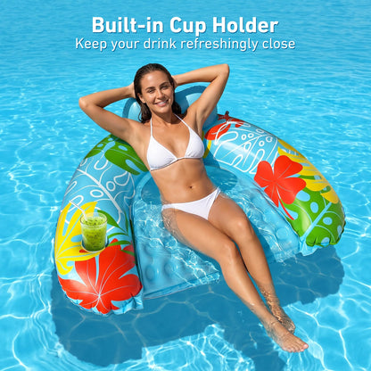 SEETOHOME 3 Pack Pool Floaties for Adults, Inflatable Pool Float Chair Adult Size with Backrest & Cup Holder Floating Pool Chair Floaties for Adults Beaches, Lakes, Rivers, Parties Water Fun