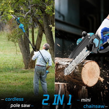 Mini Chainsaw＆6 Inch Pole Saw 2-in-1,with Extension Pole, Automatic Oiler with 2 Battery,Tree Trimmer Limb Branch & Pole Pruner,Holiday Gifts for Men, Fathers & Gardening Enthusiasts 🍁 All In One Marketplace Canada