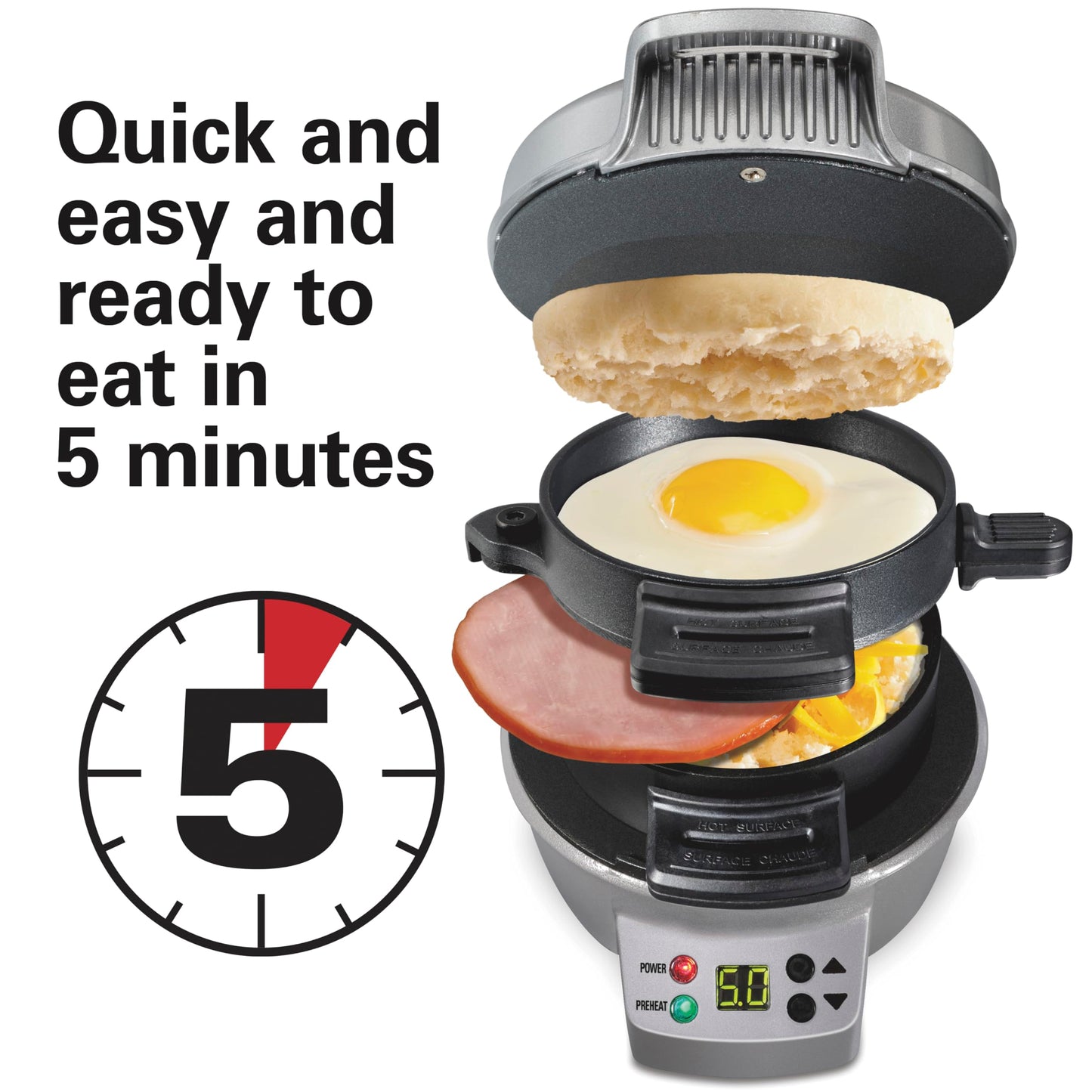 Hamilton Beach Breakfast Sandwich Maker with built in Digital Timer,600 W, PFAs Free, Silver (25478RC) Hamilton Beach