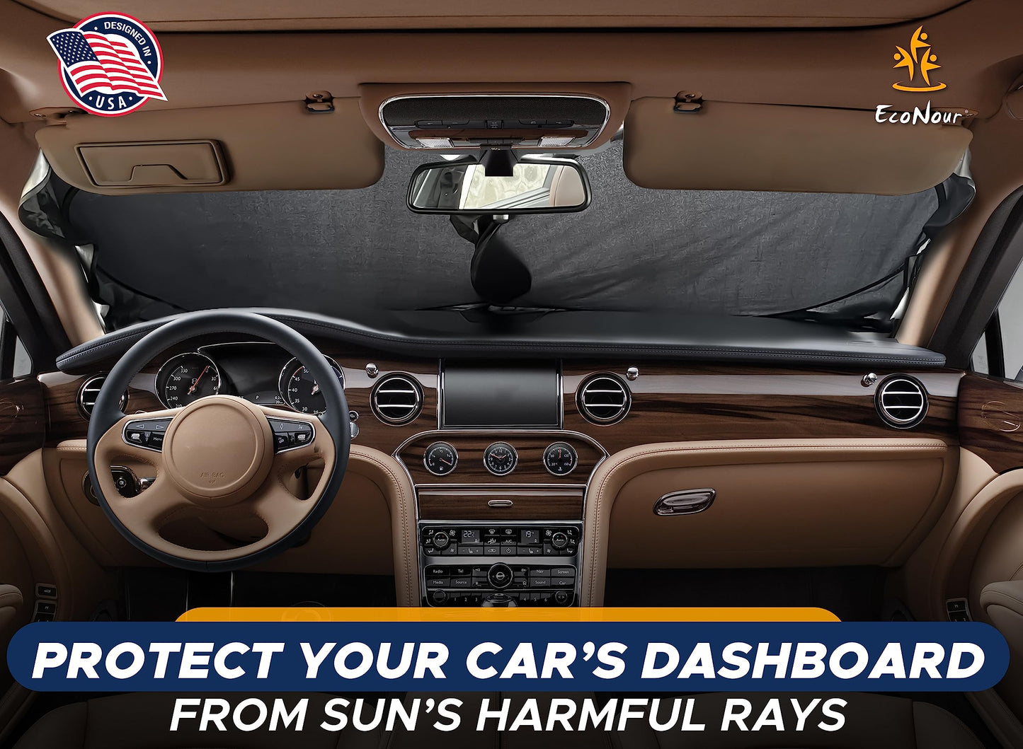 EcoNour Car Windshield Sun Shade with Storage Pouch | Durable 240T Material Car Sun Visor for UV Rays, Sun Heat Protection | Car Interior Accessories for Sun Heat | Medium Plus (64 inches x 34 inches)