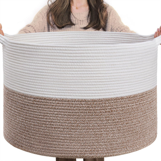 INDRESSME XXXLarge Cotton Rope Basket 21.7" x 21.7" x 13.8" Woven Laundry Basket for Blankets, Storage Basket with Handle Comforter Cushions Storage Bins Thread Laundry Hamper - Available at All In One Marketplace Canada