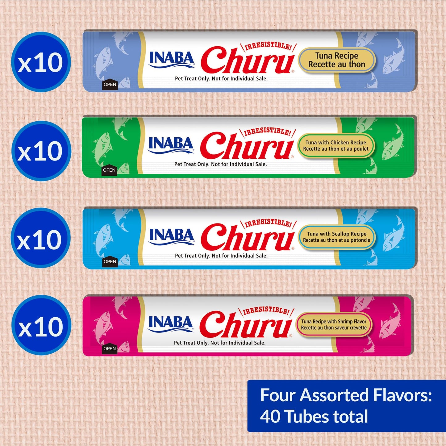 Friandises pour chats Churu d'INABA, purée onctueuse à lécher et presser, avec extrait de thé vert et taurine, 14 grammes par tube, 40 tubes, boîte assortie Thon et fruits de mer