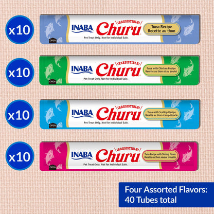 Friandises pour chats Churu d'INABA, purée onctueuse à lécher et presser, avec extrait de thé vert et taurine, 14 grammes par tube, 40 tubes, boîte assortie Thon et fruits de mer