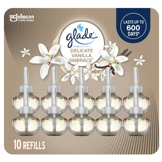 Glade PlugIns Air Freshener Refill Oil, Long Lasting Scented Plug In with Essential Oils for Home, Bathroom & Kitchens, Delicate Vanilla Embrace, 10 Refills - Available at All In One Marketplace Canada