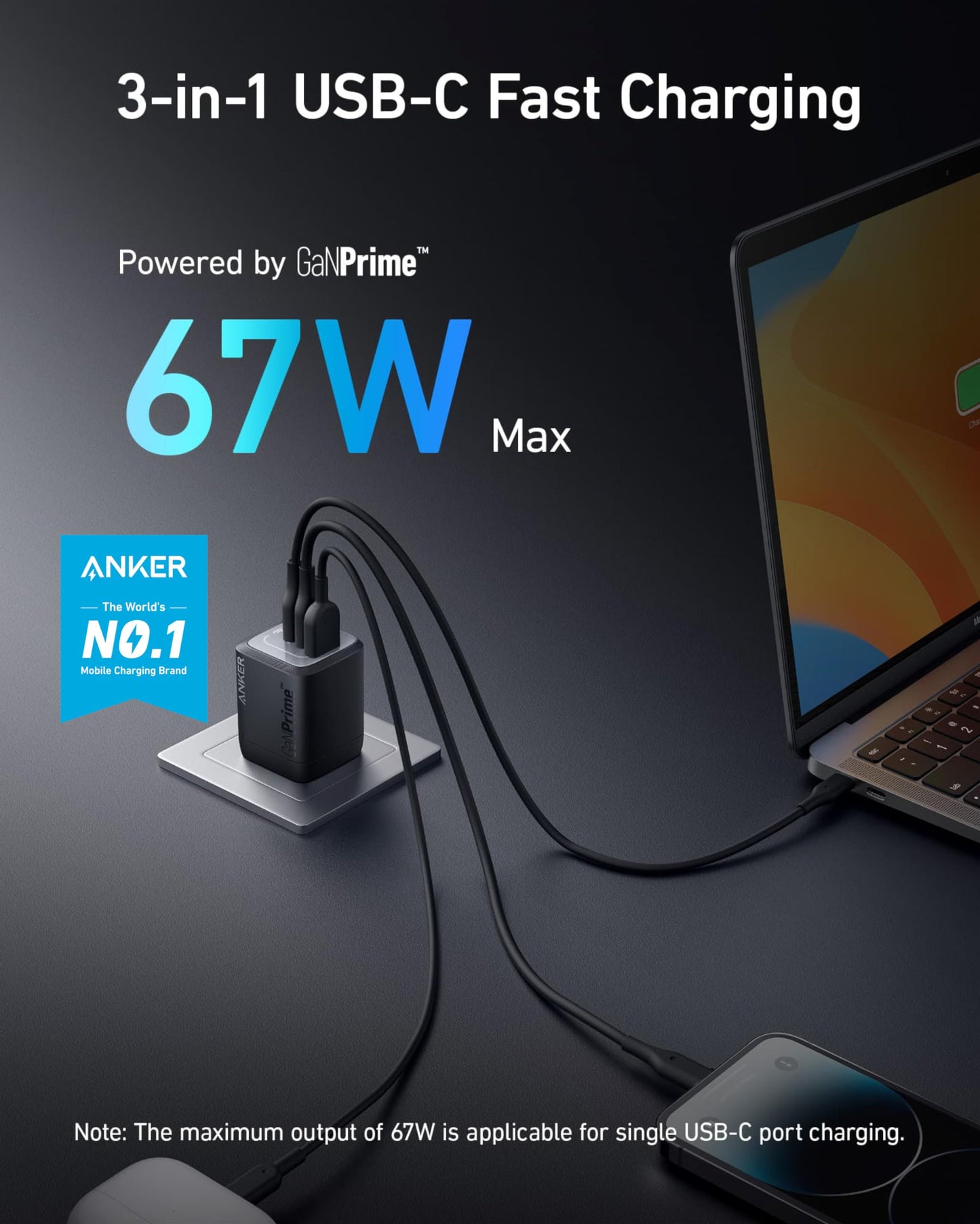 Anker Prime 67W USB C Charger, Anker GaN 3-Port Compact Fast PPS Wall Charger, for MacBook Pro/Air, Pixelbook, iPad Pro, iPhone 17/16/15/Pro, Galaxy S25/S24, Note20, Pixel, Apple Watch