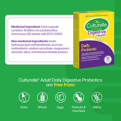 Culturelle Daily Digestive Health Daily Probiotic for Men and Women | With 100% Naturally Sourced Lactobacillus GG Strain †††††† | Pharmacist Recommended ††††† | Gluten Free and Vegan | 30 Count Capsules Culturelle
