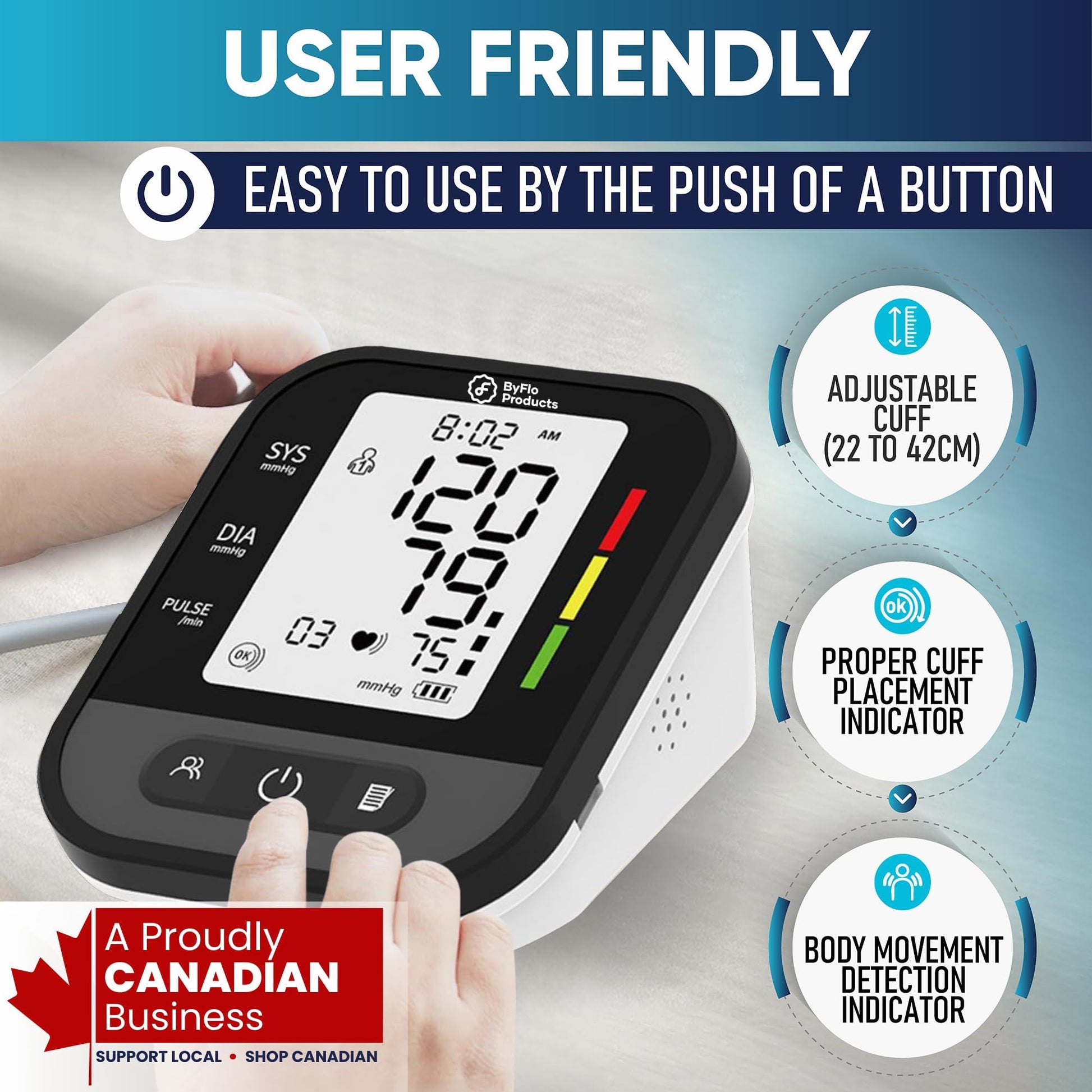 ByFloProducts Blood Pressure Monitor for Home Use – Digital Heart Rate Monitor with Backlit LCD Screen, Includes Blood Pressure Cuff, 4 AAA Batteries, Perfect Automatic Blood Pressure Machine (Black with Backlight) - Available at All In One Marketplace Canada