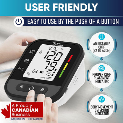 ByFloProducts Blood Pressure Monitor for Home Use – Digital Heart Rate Monitor with Backlit LCD Screen, Includes Blood Pressure Cuff, 4 AAA Batteries, Perfect Automatic Blood Pressure Machine (Black with Backlight) - Available at All In One Marketplace Canada