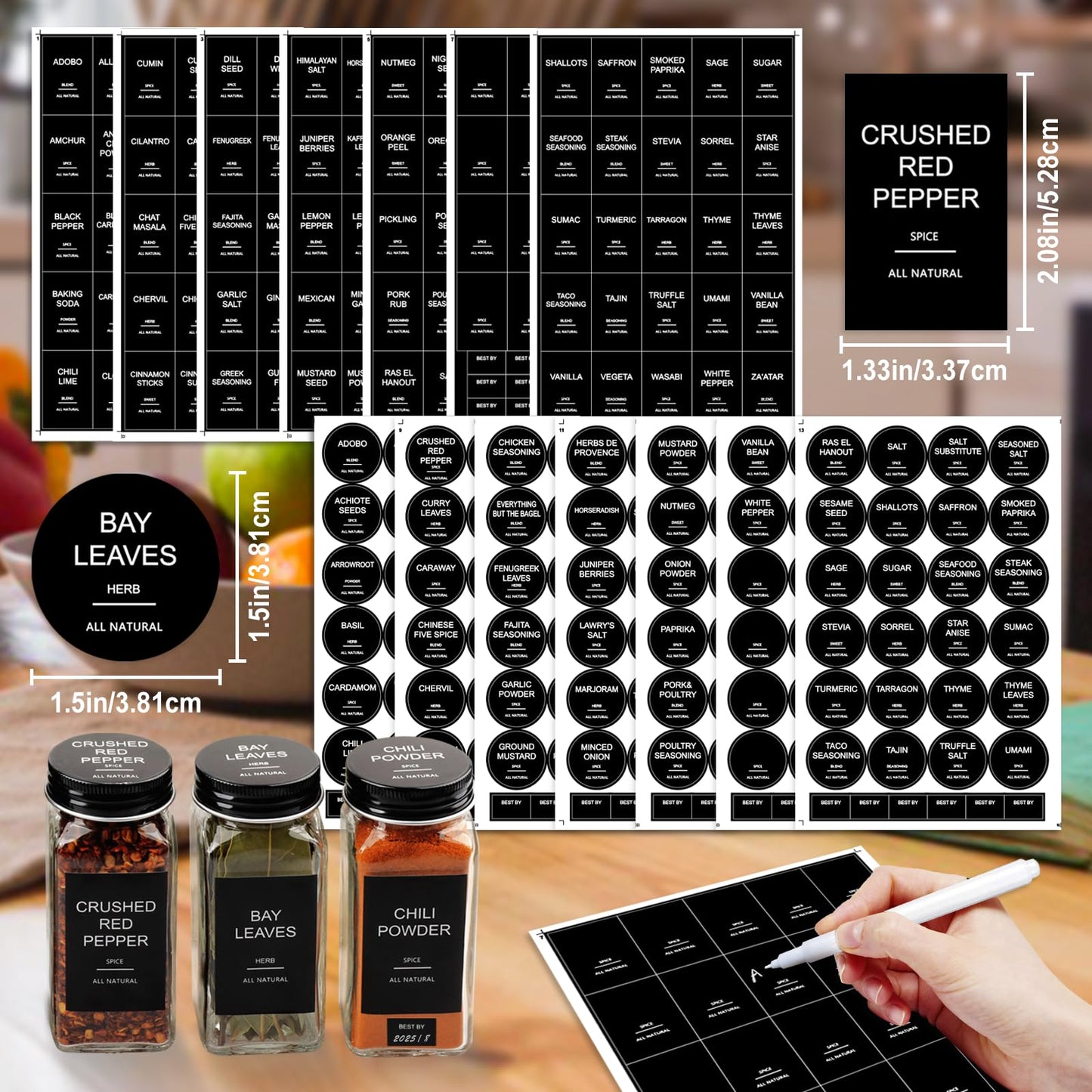 AISIPRIN 24 Pcs Glass Spice Jars with 398 Labels, 4oz Empty Square Containers Seasoning Bottles - Shaker Lids, Funnel, Brush and Marker Included(Black Metal Caps) - Available at All In One Marketplace Canada